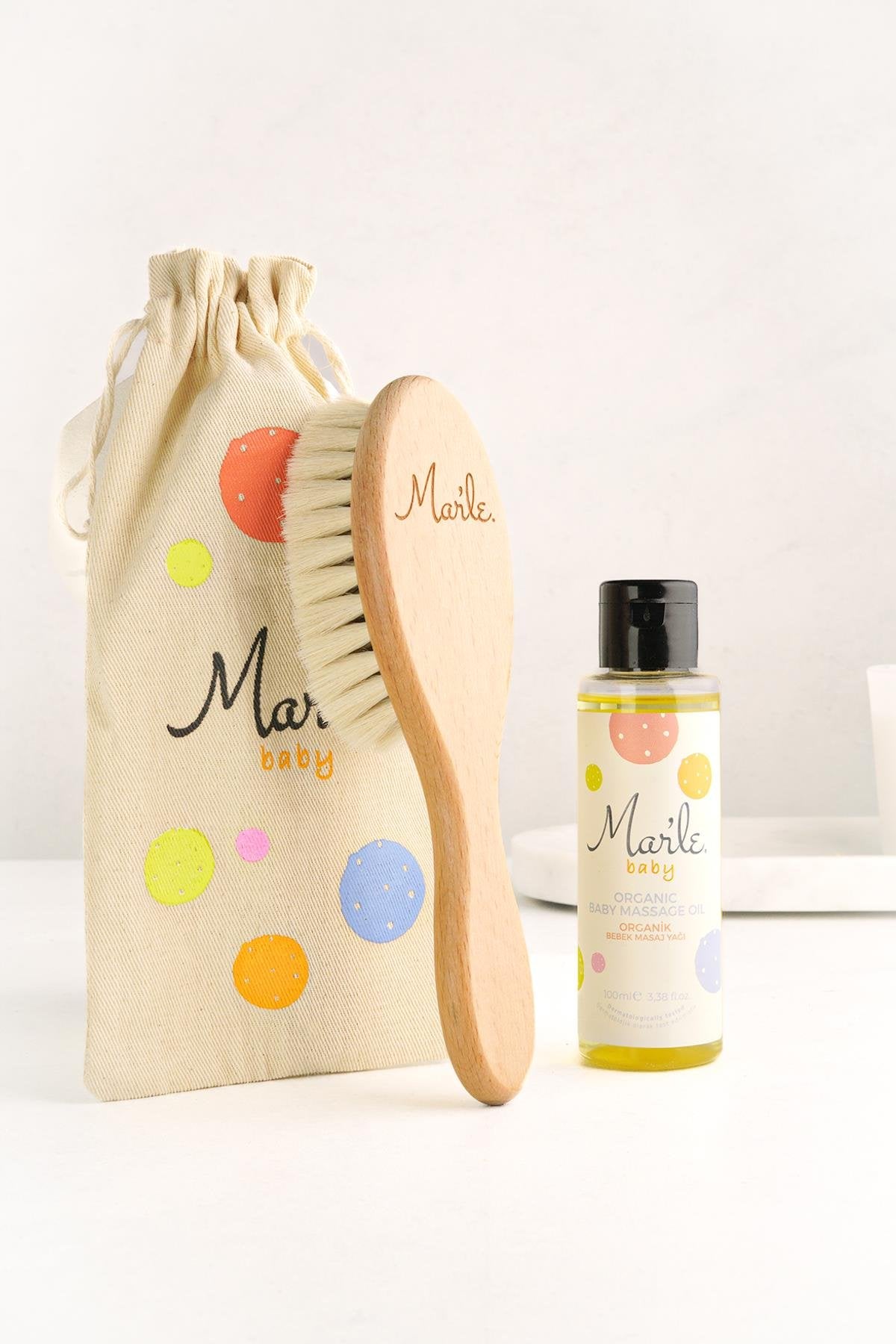 Mar’le %100 Doğal Keçi Kılı Bebek Saç Fırçası & Mar’le Organik Bebek Masaj Yağı Seti