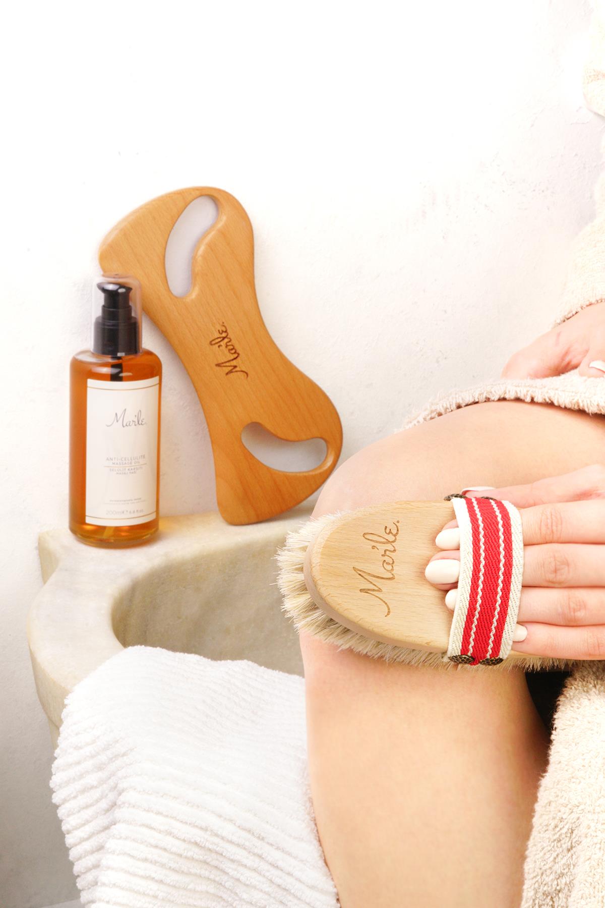 Mar’le Doğal At Kılı Fırçası + Selülit Karşıtı Masaj Yağı 200 ML + Ahşap Masaj Aleti 3’lü Selülit Bakım Seti