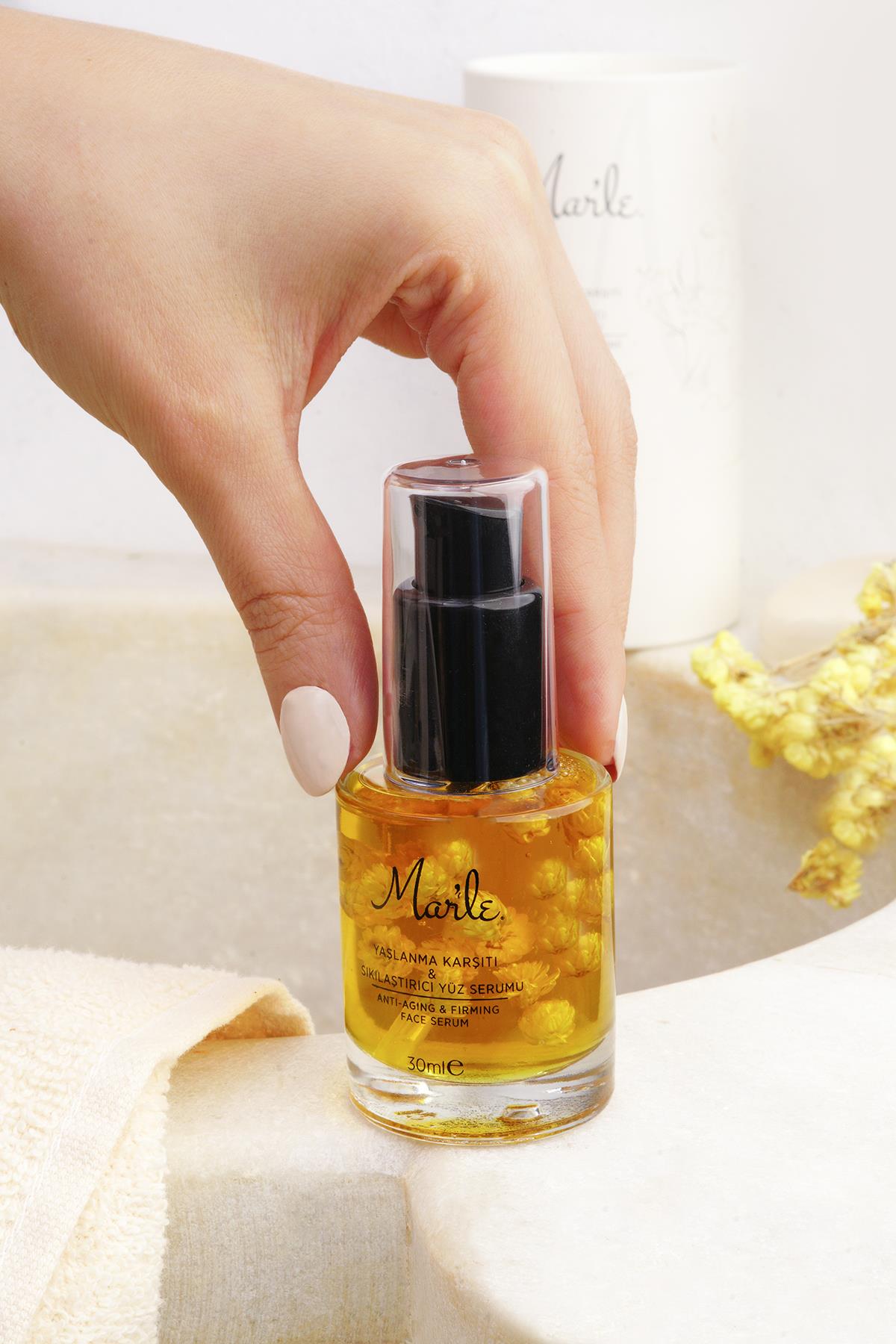 Mar'le Yaşlanma Karşıtı ve Sıkılaştırıcı Yüz Serumu ve Rose Quartz Kalp Masaj Taşı 2'li Set